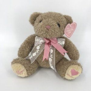 #1 Mom Plush Bear Brown Pink Lace Bow Hearts 2000 Stuffed Animal Toy
